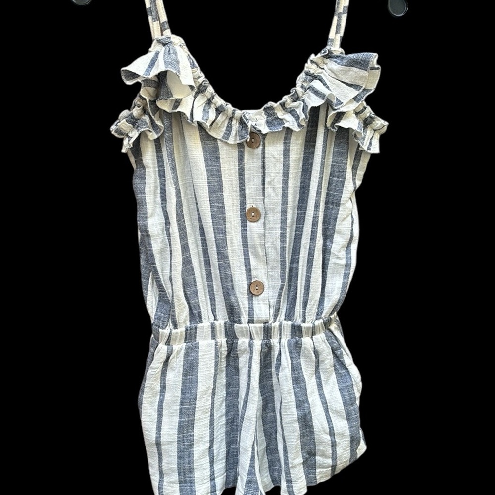 Adorable ruffled blue and white striped romper size small